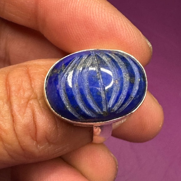 Carved Natural Lapis Lazuli 925 Silver Plated Gemstone Ring US 6.5 - Picture 5 of 5